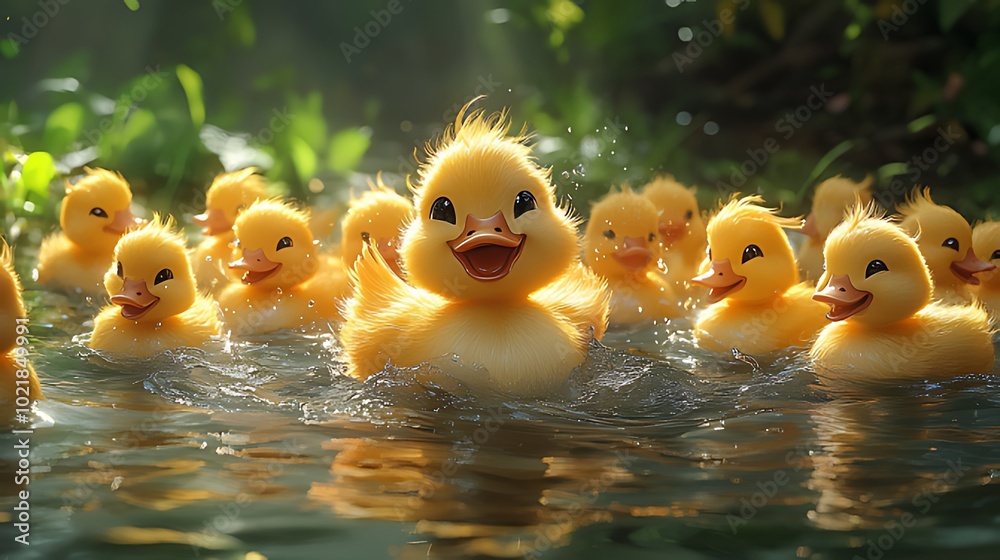 A group of cute, fluffy ducklings swim in a pond with their beaks open in a joyful expression. A group of cute, fluffy ducklings swim in a pond with their beaks open in a joyful expression.