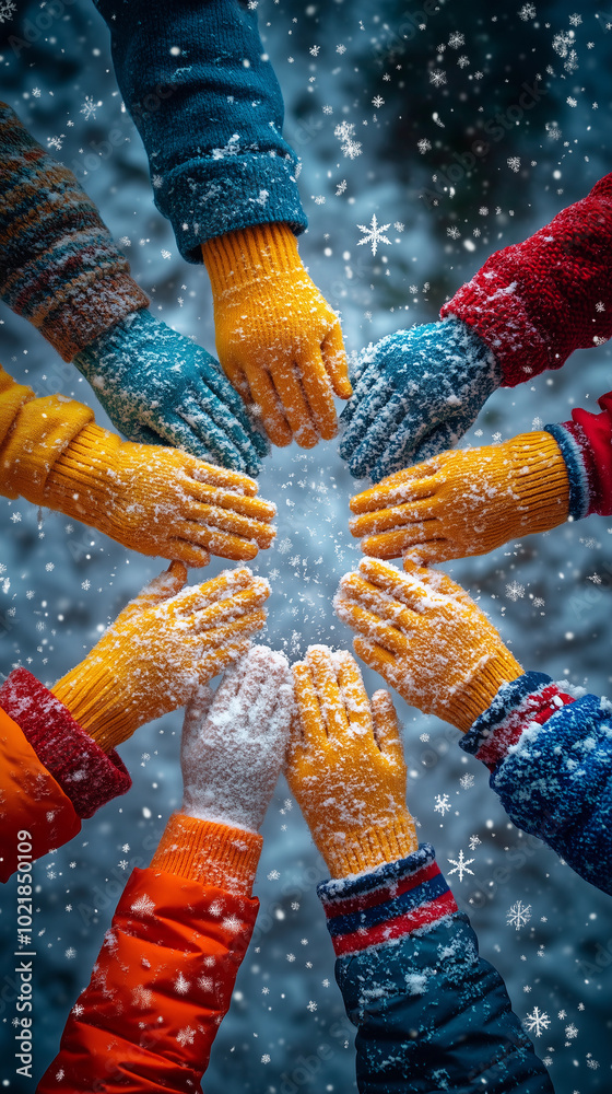 group hands children companionship winter outfit, enjoying the snow and winter outdoors during her holiday childhood