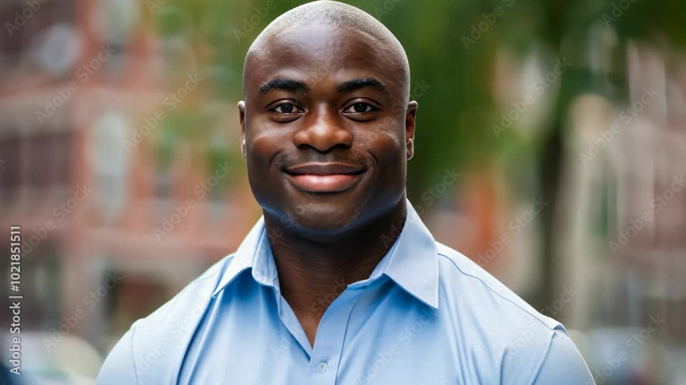 Confident African American man in blue shirt with arms crossed in an urban setting Confident African American man in blue shirt with arms crossed in an urban setting