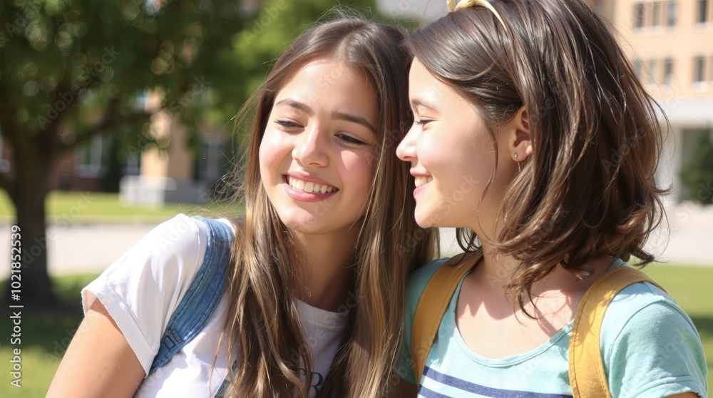 Obraz premium Two young friends embrace joyfully, celebrating their bond on a sunny day at a vibrant outdoor school setting