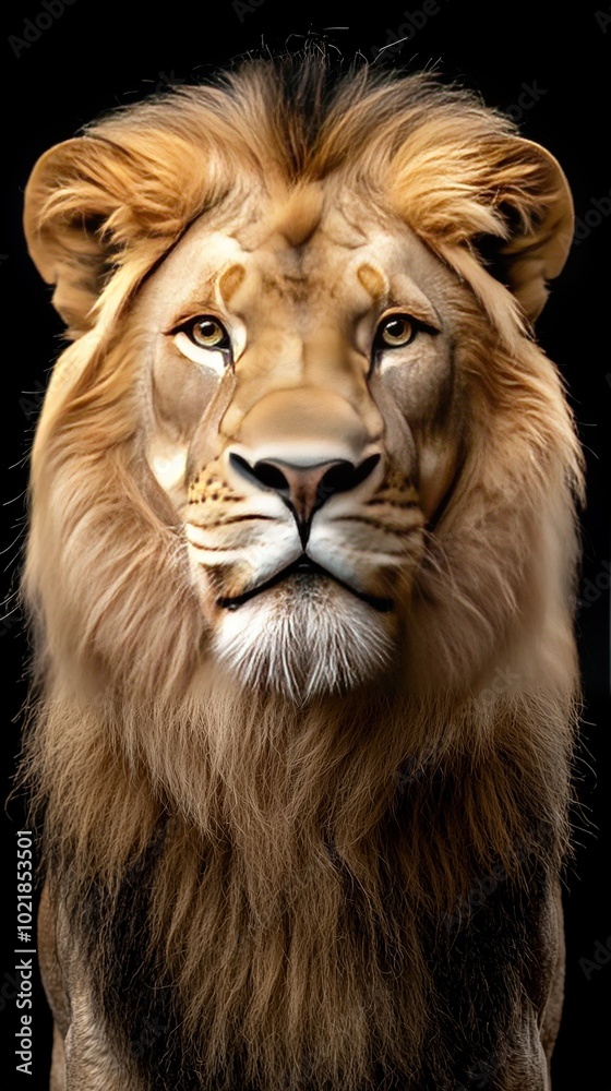 Fototapeta premium Lion face close-up on black background with lion head shadow