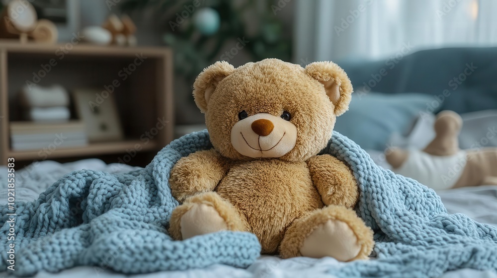 teddy bear nestled in a soft blanket on a cozy bed exuding warmth and happiness in a childs serene bedroom decorated with comforting touches and relaxing colors teddy bear nestled in a soft blanket on a cozy bed exuding warmth and happiness in a childs serene bedroom decorated with comforting touches and relaxing colors