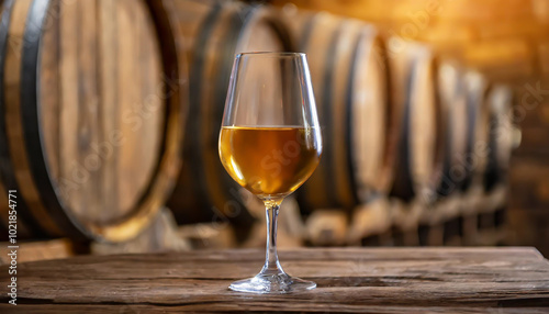 A glass of golden liquid sits on a wooden table in a rustic cellar surrounded by aging barrels at dusk