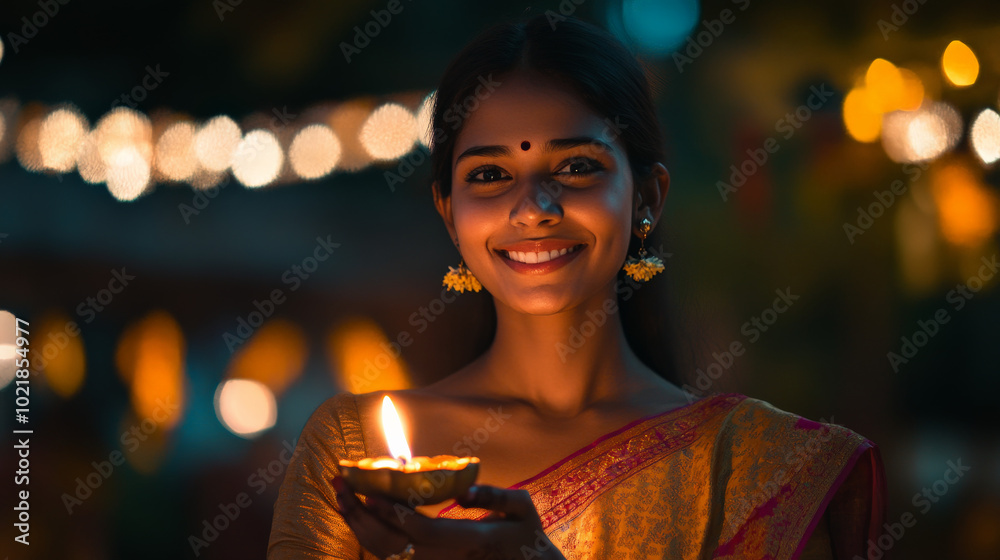 Happy Indian Woman Holding Oil Lamp, Celebrating Diwali Outdoors with Festive Decorations Happy Indian Woman Holding Oil Lamp, Celebrating Diwali Outdoors with Festive Decorations