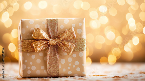 An Elegant Gift Box adorned with a Glittering Bow on a Beautiful Festive Background. Image made using Generative AI.