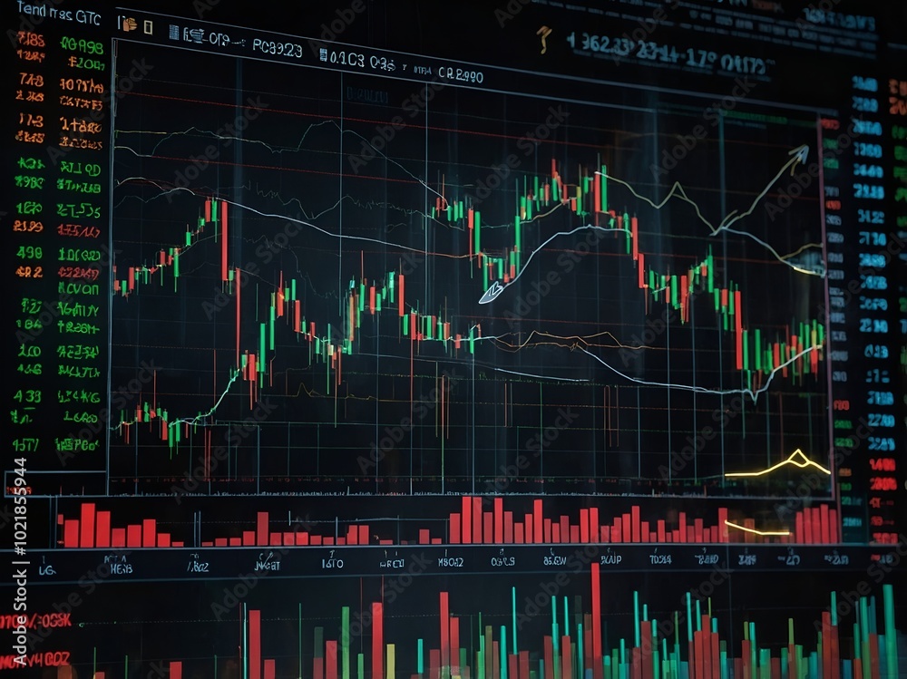 Financial stock market chart displaying real-time data and trading patterns during an active trading session. Financial stock market chart displaying real-time data and trading patterns during an active trading session.