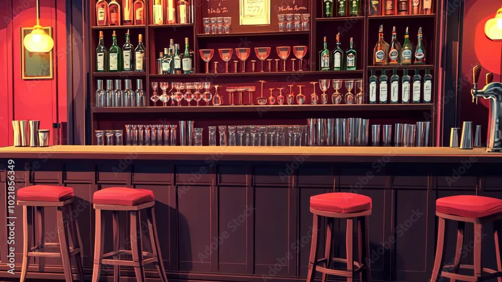 An empty bar with red seats, a wooden counter, and a well-stocked shelf behind it An empty bar with red seats, a wooden counter, and a well-stocked shelf behind it