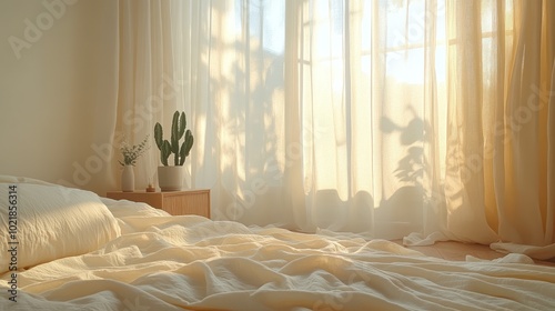 Sunlight streams through sheer curtains illuminating a bedroom with a bed, nightstand, and a potted cactus.