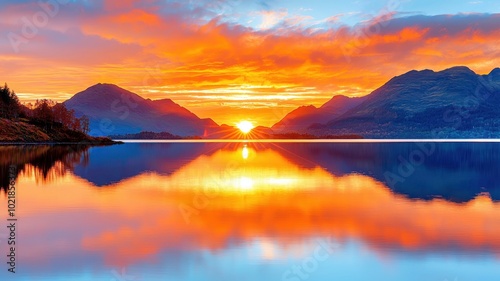 Serene Sunset Over Mountain Lake Landscape