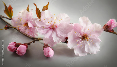 Delicate cherry blossom branch with vibrant pink flowers and buds on a soft grey background during springtime