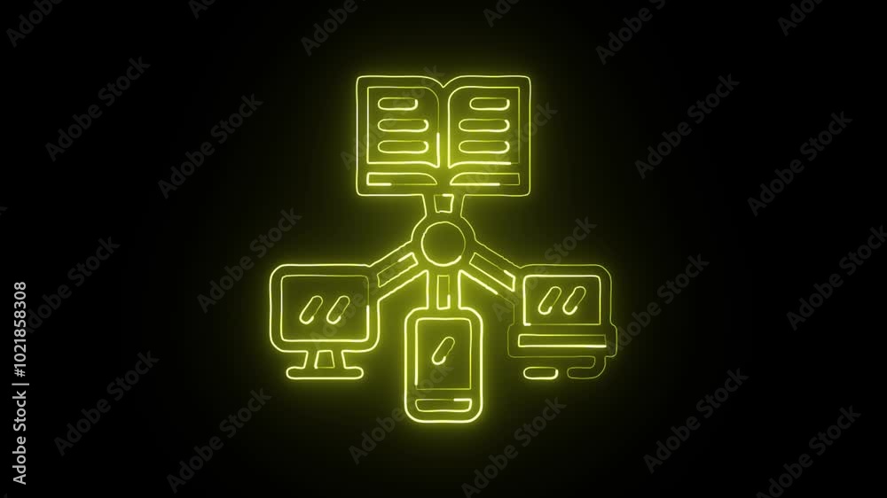 Glowing Neon Online Library Icon Isolated on Black Background. HD Video Motion Graphic Animation