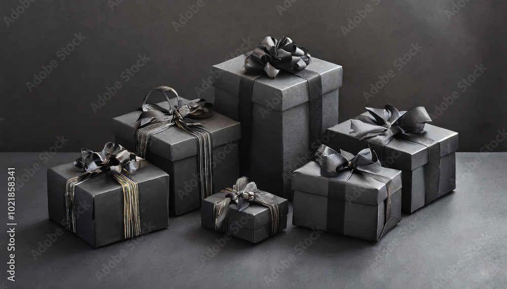 Elegant black gift boxes with decorative ribbons arranged on a simple dark background for occasions like birthdays or holidays Elegant black gift boxes with decorative ribbons arranged on a simple dark background for occasions like birthdays or holidays