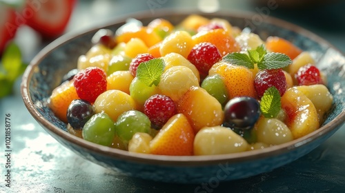 A close-up of a bowl of fresh fruit salad with grapes, raspberries, cantaloupe, and mint.