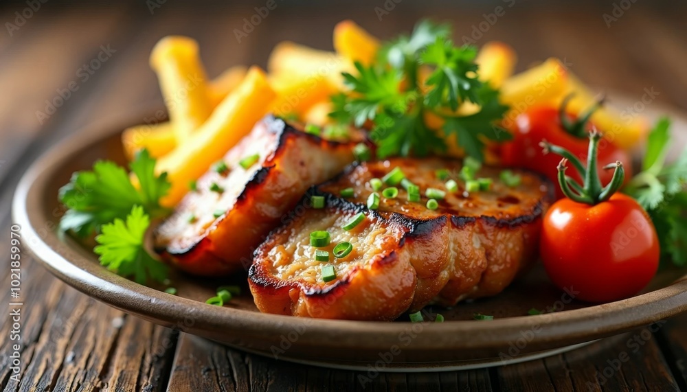 A plate of food with meat, fries, and tomatoes A plate of food with meat, fries, and tomatoes