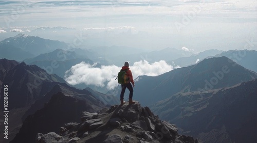 A lone hiker stands triumphantly atop a rugged mountain peak, overlooking a breathtaking valley of clouds and distant snow-capped summits