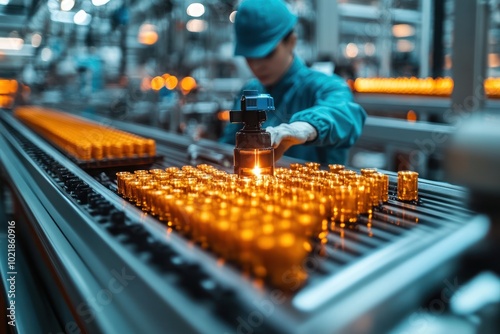 A worker in a factory inspects bottles on a conveyor belt.