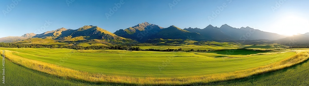 Serene Mountain Landscape with Lush Green Fields Serene Mountain Landscape with Lush Green Fields