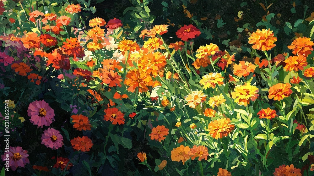 A vibrant field of colorful flowers in shades of orange, pink, yellow, and red, surrounded by lush green foliage A vibrant field of colorful flowers in shades of orange, pink, yellow, and red, surrounded by lush green foliage