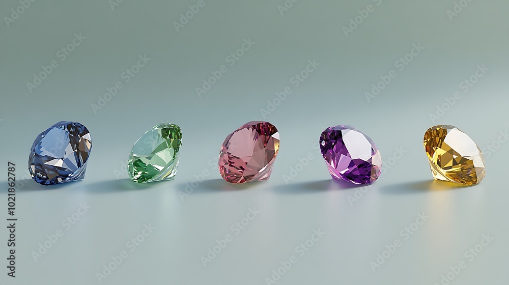 Five Colorful Gemstones in a Row, Blue, Green, Pink, Purple, Yellow Five Colorful Gemstones in a Row, Blue, Green, Pink, Purple, Yellow