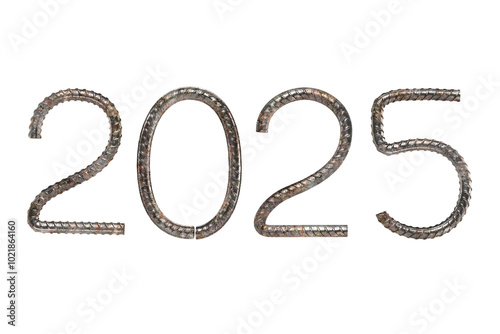 New Year 2025. Numbers are bent from rusty steel reinforcement. Construction concept. Transparent background. 3D rendering