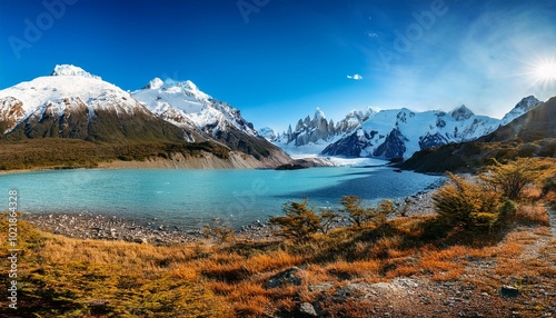 The Snow-Covered Peaks and Glaciers of Patagonia, Argentina, Set Against Crystal-Clear Lakes and Vast Open Landscapes, Creating a Majestic and Pristine Natural Setting