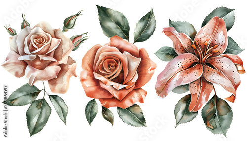Roses and lilies. Colorful Watercolor summer flowers, leaves isolated background. Watercolor hand drawing Botanical