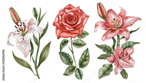 Roses and lilies. Colorful Watercolor summer flowers, leaves isolated background. Watercolor hand drawing Botanical
