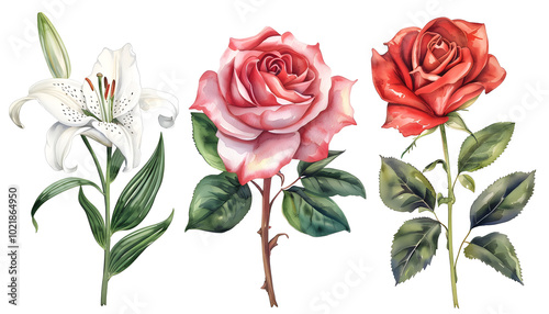 Roses and lilies. Colorful Watercolor summer flowers, leaves isolated background. Watercolor hand drawing Botanical