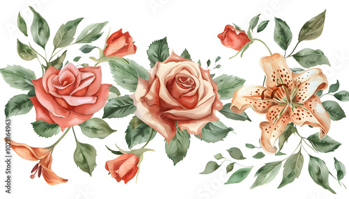 Roses and lilies. Colorful Watercolor summer flowers, leaves isolated background. Watercolor hand drawing Botanical