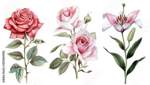 Roses and lilies. Colorful Watercolor summer flowers, leaves isolated background. Watercolor hand drawing Botanical