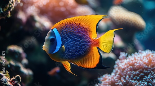 A vibrant blue and orange fish swims amongst the coral reef, with soft lighting creating a dreamy underwater scene.