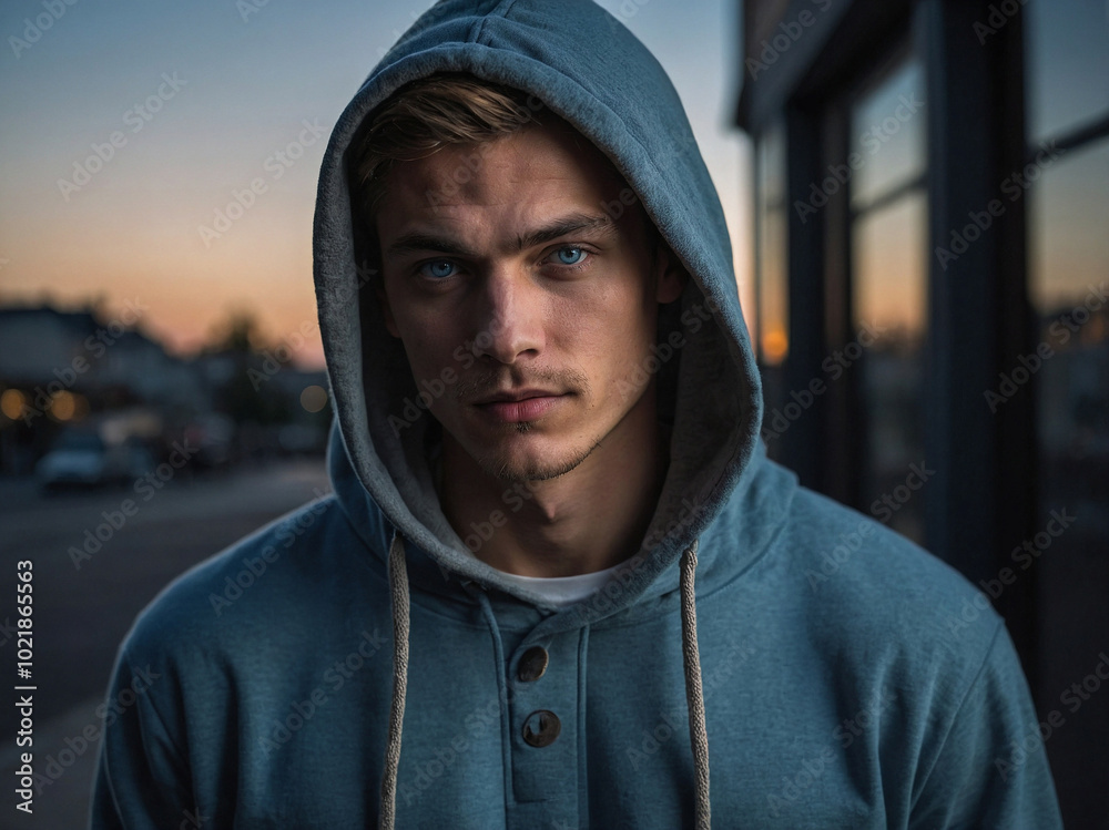 A young man in a hoodie stands outdoors during sunset, showcasing a serious expression against an urban backdrop. A young man in a hoodie stands outdoors during sunset, showcasing a serious expression against an urban backdrop.