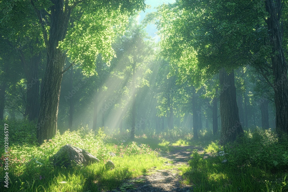 Obraz premium Sunbeams shine through the dense canopy of a lush, green forest. A dirt path winds through the foliage, inviting exploration.