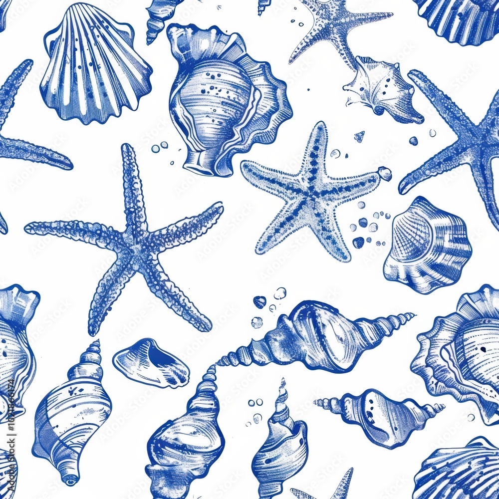 blue ink drawing of seashells and starfish. A whimsical pattern featuring various seashells and starfish in blue tones against a white background. blue ink drawing of seashells and starfish. A whimsical pattern featuring various seashells and starfish in blue tones against a white background.
