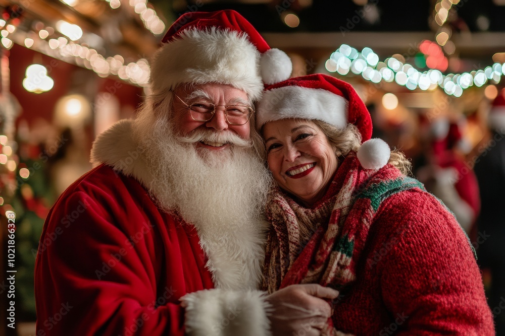 A joyful Santa Claus and a festive woman embrace at a holiday market adorned with colorful lights in a cheerful winter evening A joyful Santa Claus and a festive woman embrace at a holiday market adorned with colorful lights in a cheerful winter evening