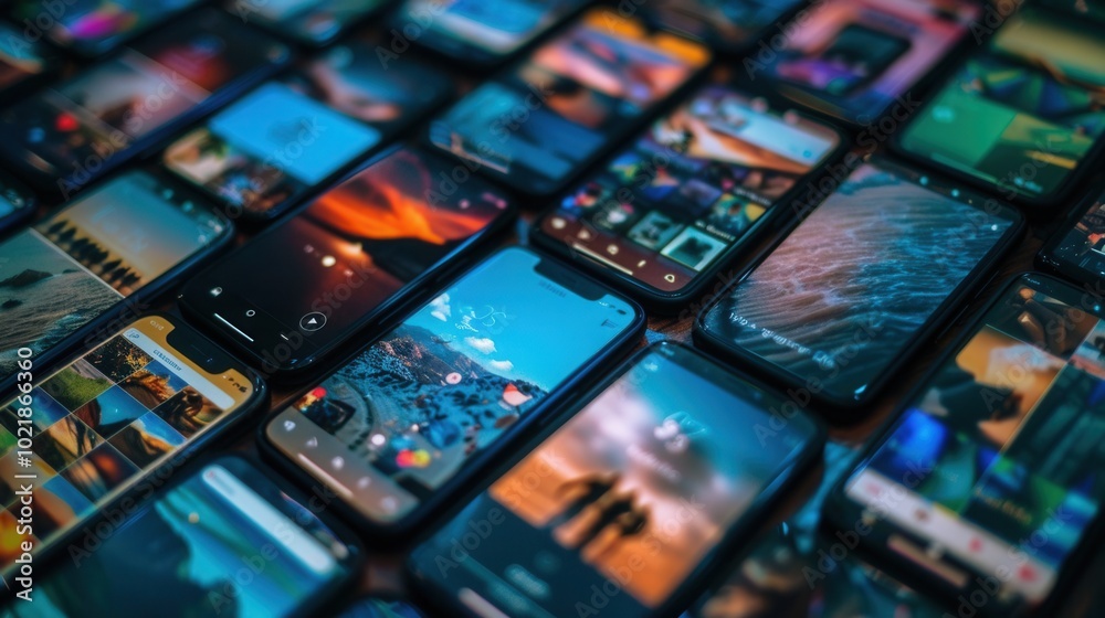 A collection of smartphone screens showcases captivating short videos and stories playing in a lively and colorful arrangement. Generative AI A collection of smartphone screens showcases captivating short videos and stories playing in a lively and colorful arrangement. Generative AI