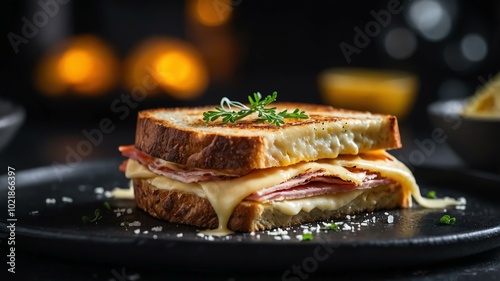 Aesthetic preparation of croque monsieur sandwich on a black themed kitchen. bokeh style.