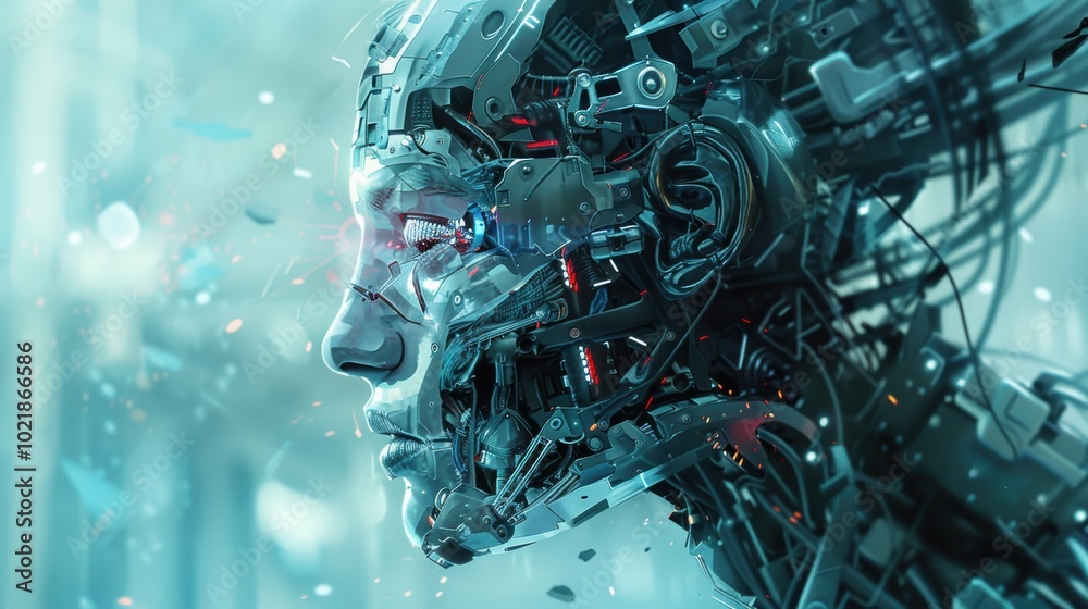 A futuristic depiction of a robotic face, blending human features with intricate machinery, showcasing the integration of technology and emotion.
