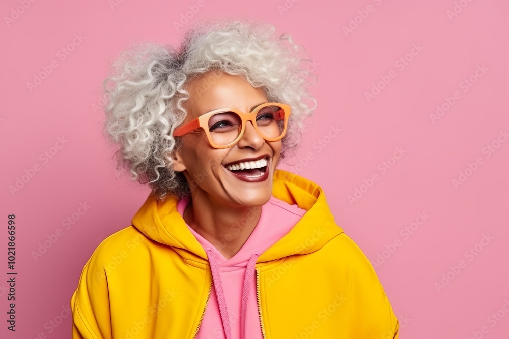 happy african american woman in yellow hoodie and sunglasses on pink background happy african american woman in yellow hoodie and sunglasses on pink background