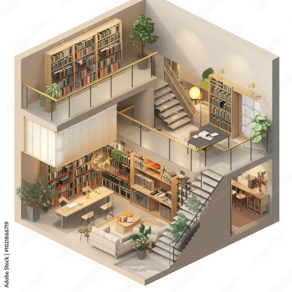 A modern, isometric interior showcasing a cozy living space with bookshelves, plants, and a stylish staircase that creates a warm atmosphere.