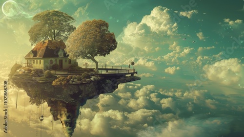 Obraz na płótnie surreal dreamscape where gravity seems to have lost its rules. A whimsical floating island features a cozy house surrounded by trees and clouds, evoking dreams and imagination in a surreal landscape w salonie