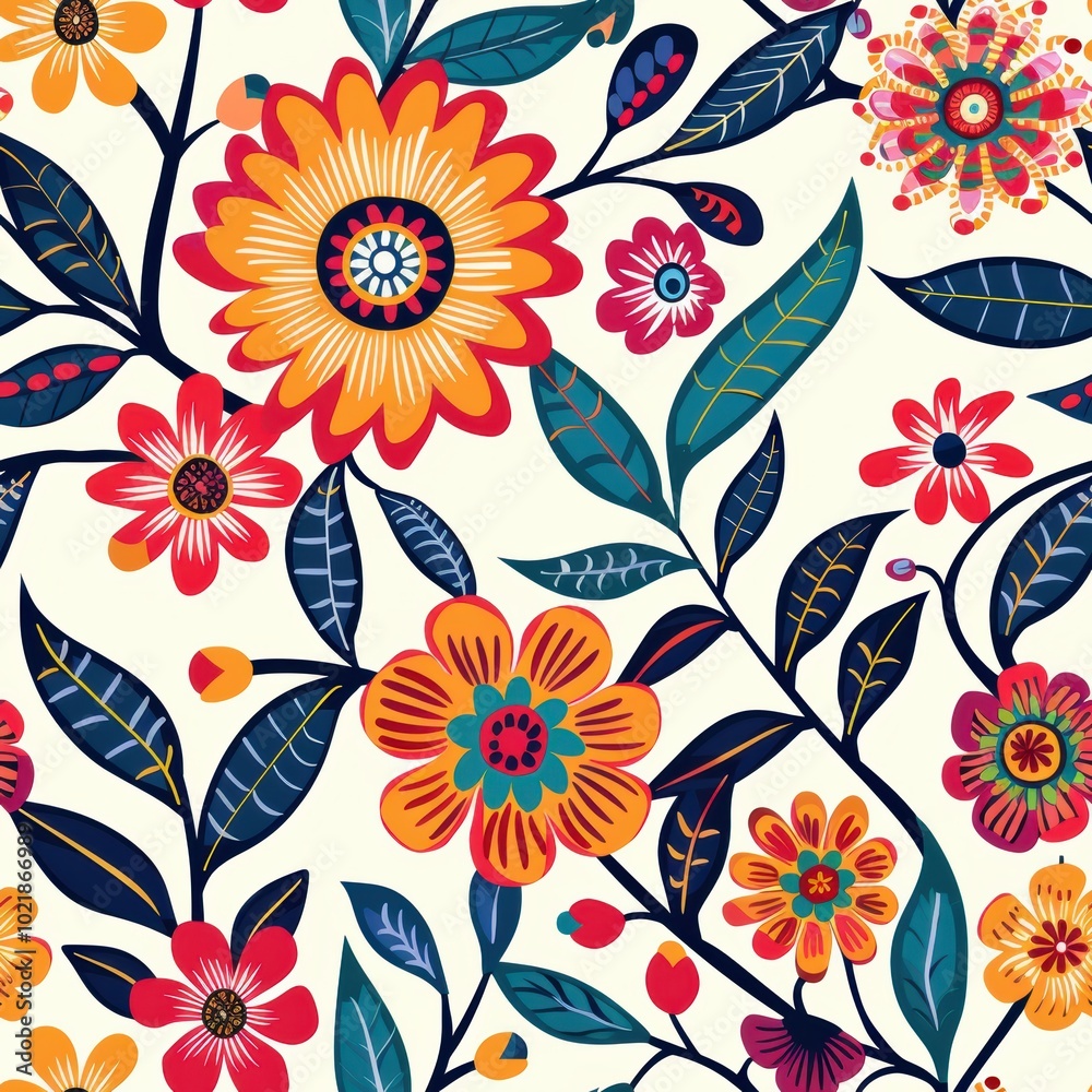 A vibrant floral pattern featuring colorful flowers and green leaves on a light background, perfect for fabric or wallpaper design.
