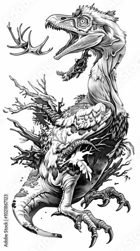 A fantastical creature resembling a dinosaur, intertwined with branches, showcases a unique blend of natural and mythical elements