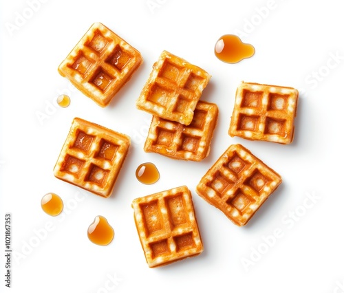 A stack of freshly made golden waffles drizzled with syrup, showcasing a delicious breakfast treat laid out on a clean white surface