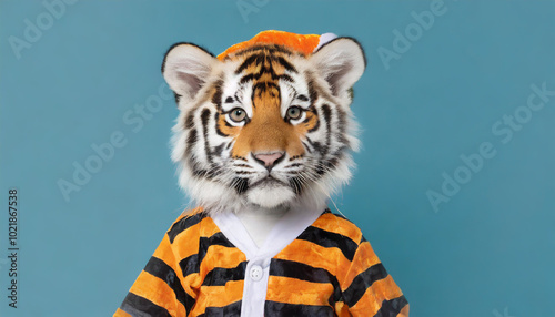 A playful tiger in a striped prison outfit posing against a solid blue backdrop, showcasing a fun and whimsical character