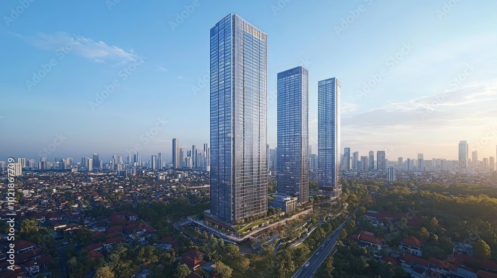 Obraz premium Two modern skyscrapers rise above a cityscape at sunrise.
