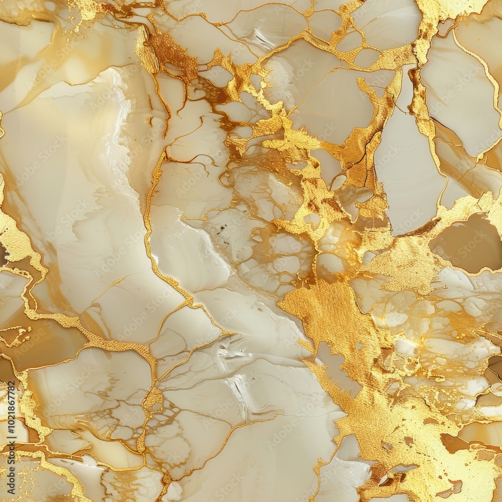 A sophisticated surface featuring creamy white marble interlaced with striking gold veins, perfect for luxurious interior designs.