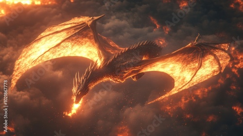 A majestic golden dragon soars through fiery clouds, its wings ablaze with flames. photo