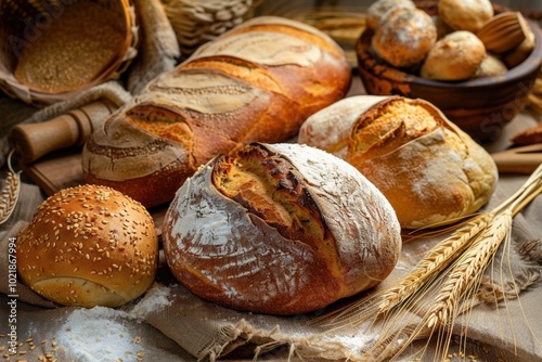 Obraz na płótnie A variety of freshly baked breads, including loaves and rolls, displayed on a rustic cloth with wheat and baking tools, evoking a warm, homemade feel. w salonie