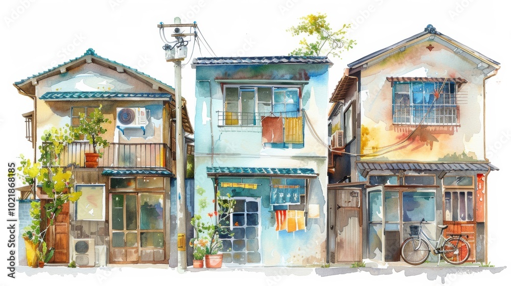 Expressive watercolor sketches of Japan landscape exterior. A colorful watercolor depiction of three charming houses, showcasing varying designs and vibrant greenery.